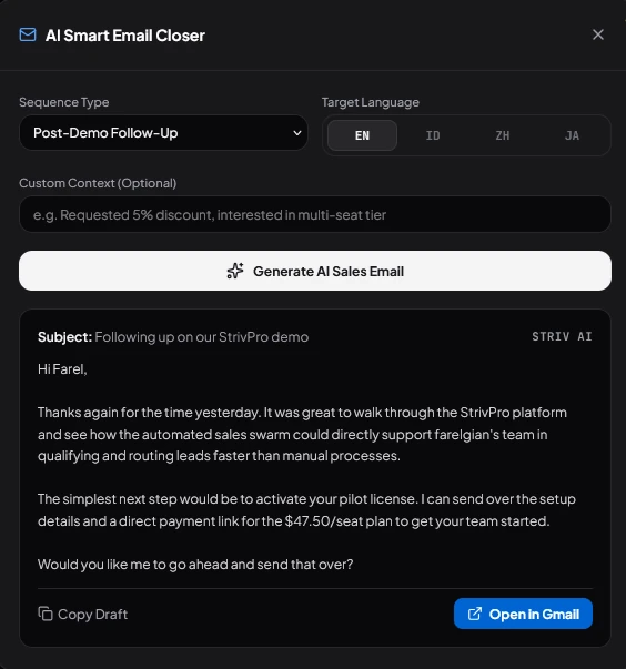 StriveCRM AI Smart Email Closer Modal