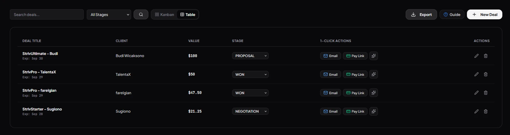 StriveCRM Deals and Pipeline Table